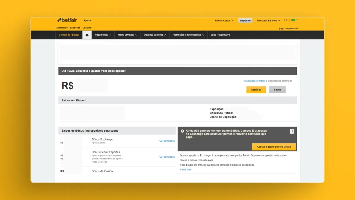 Painel de saldo e bônus da conta de usuário na Betfair